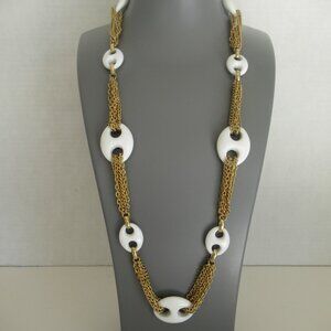 VTG Bold White Beads & Gold Tone Multi Chain Statement Necklace 29" Long